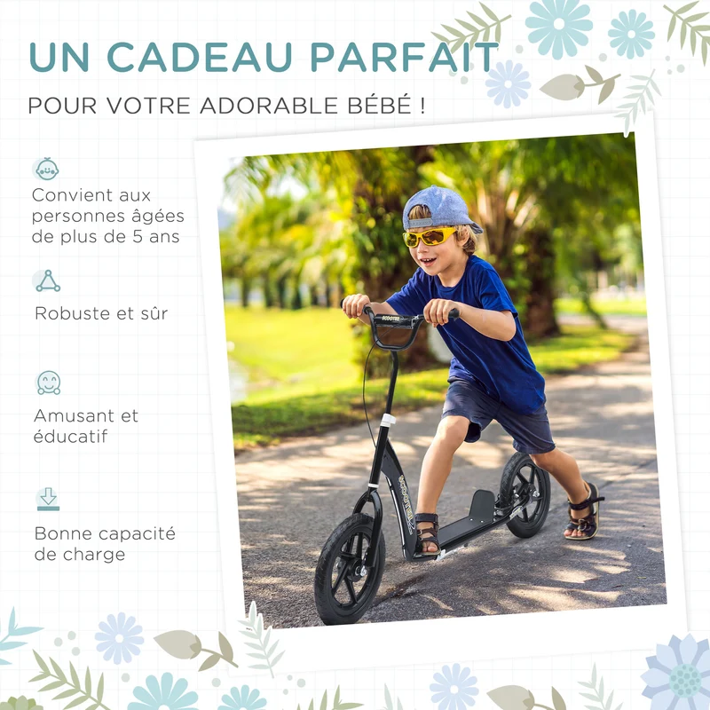 Trottinette pour enfants 5-12 ans 2 roues 120 x 52 x 88 cm guidon réglable frein arrière moderne tendance en acier noir 21_0000675