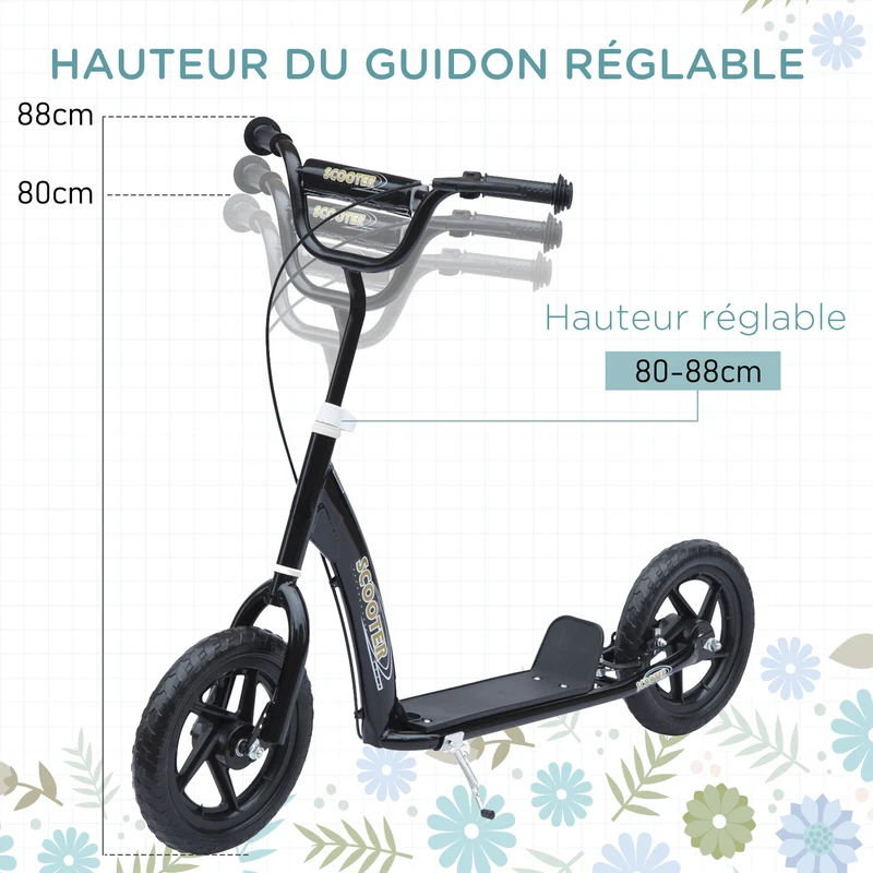 Trottinette pour enfants 5-12 ans 2 roues 120 x 52 x 88 cm guidon réglable frein arrière moderne tendance en acier noir 21_0000675