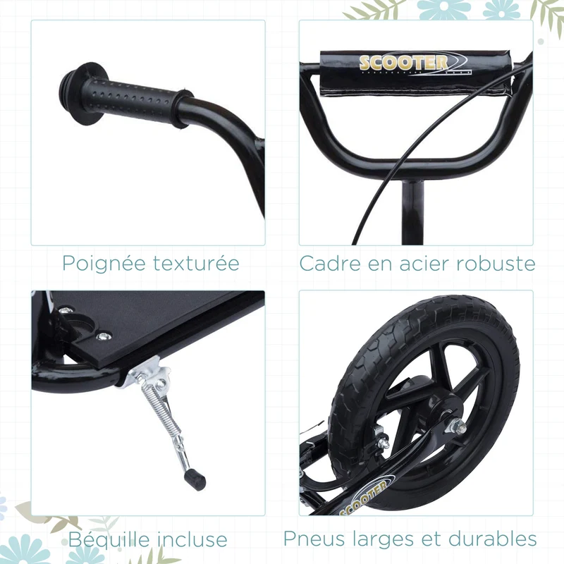 Trottinette pour enfants 5-12 ans 2 roues 120 x 52 x 88 cm guidon réglable frein arrière moderne tendance en acier noir 21_0000675