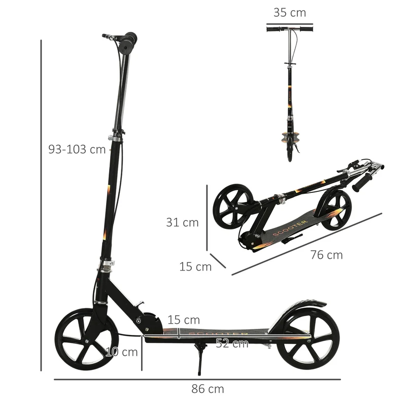Trottinette pliable pour enfant 86 x 35 x 93-103 cm guidon 3 positions double frein antidérapant moderne en métal noir 21_0000681