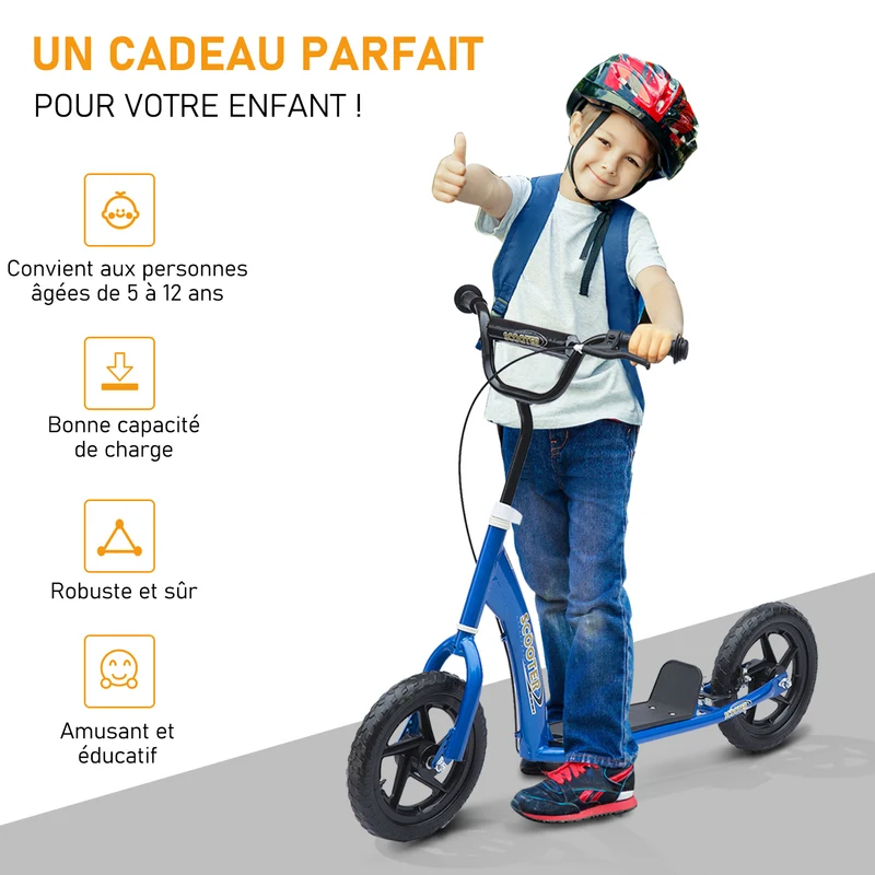 Trottinette enfant à 2 roues 120 x 52 x 80-88 cm guidon réglable et plateau antidérapant moderne épuré en acier bleu 21_0000676