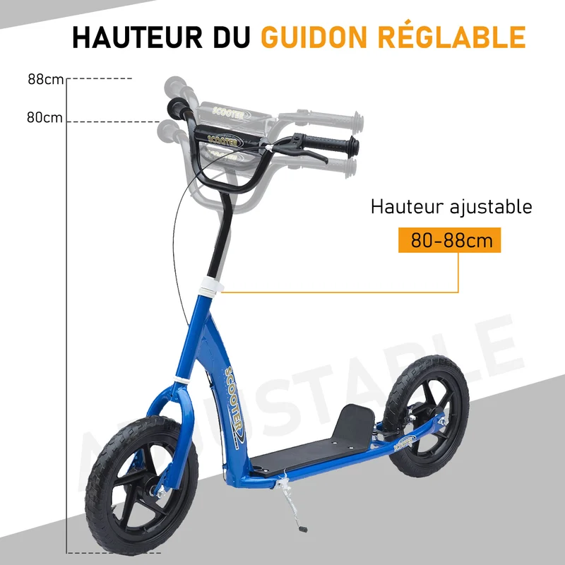 Trottinette enfant à 2 roues 120 x 52 x 80-88 cm guidon réglable et plateau antidérapant moderne épuré en acier bleu 21_0000676
