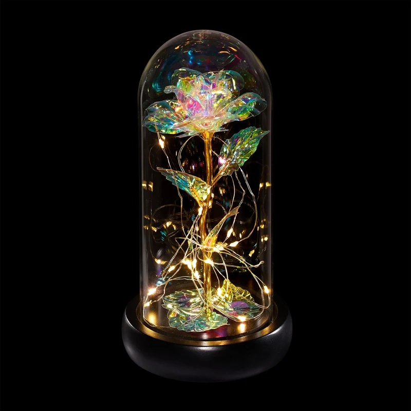 Rose éternelle multicolore sous cloche décorative 20 x 15 x 15 cm en verre noir 13_0014348