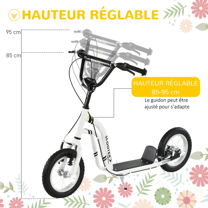 Trottinette enfant tout terrain 120 x 58 x 95 cm grandes roues pneumatiques double freins contemporain en acier blanc 21_0000668