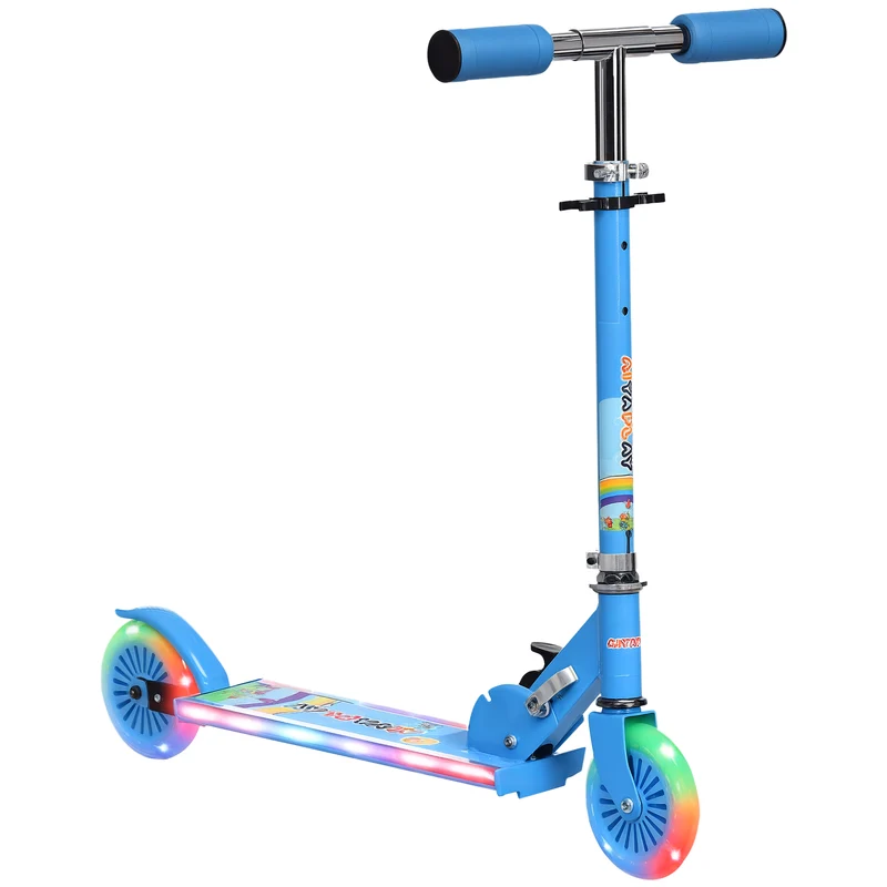 Trottinette enfant pliable 67 x 32 x 78 cm guidon réglable roues lumineuses design moderne jardin balcon en métal bleu 21_0000682