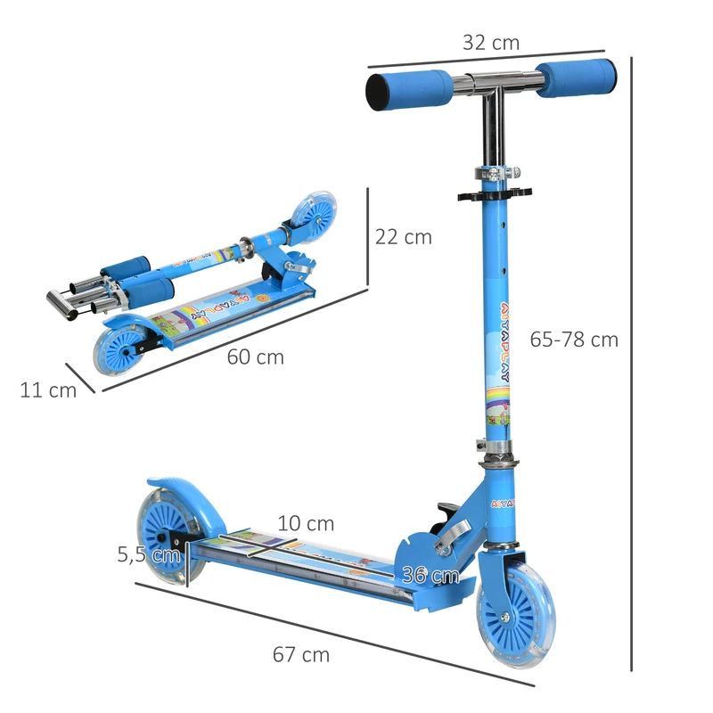 Trottinette enfant pliable 67 x 32 x 78 cm guidon réglable roues lumineuses design moderne jardin balcon en métal bleu 21_0000682
