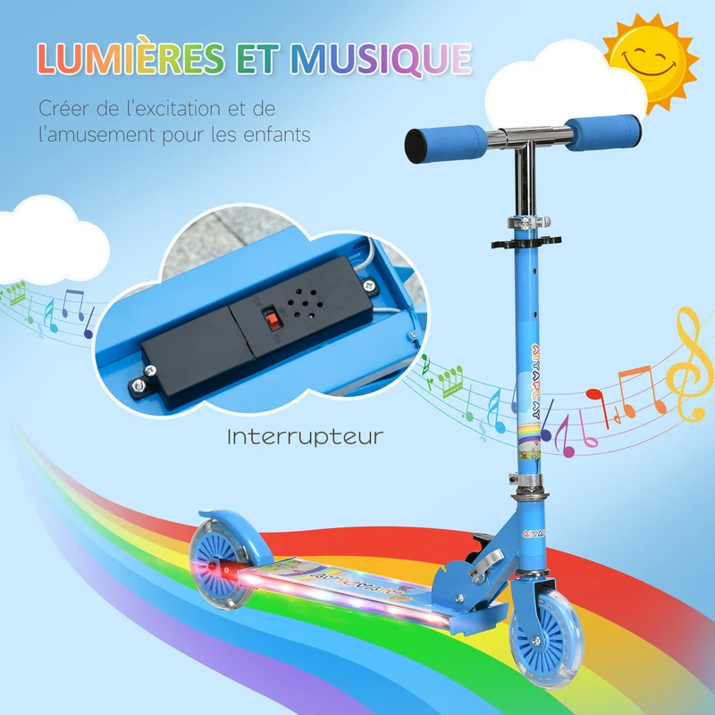 Trottinette enfant pliable 67 x 32 x 78 cm guidon réglable roues lumineuses design moderne jardin balcon en métal bleu 21_0000682