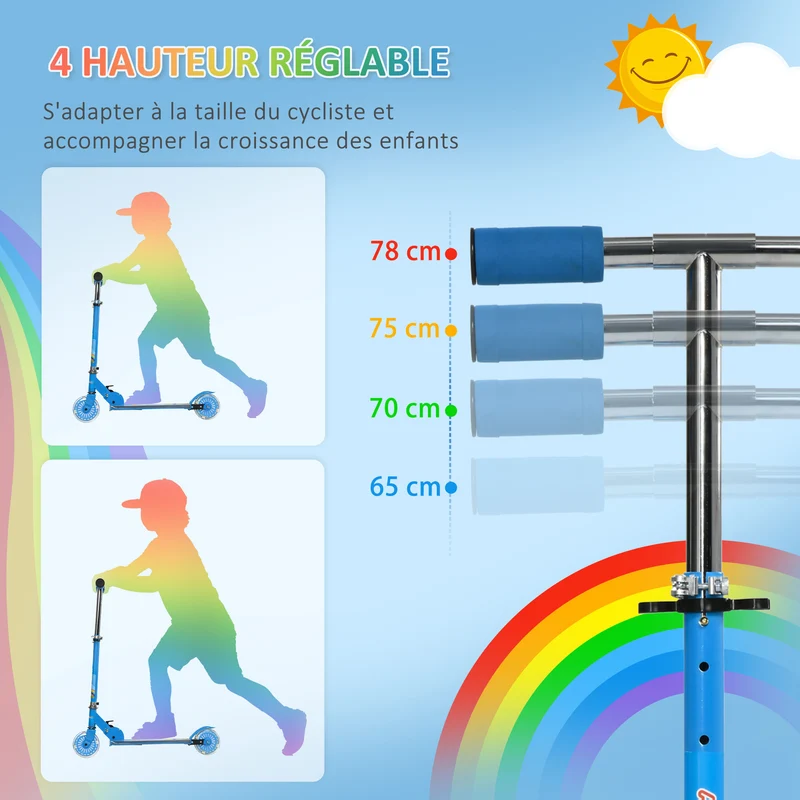 Trottinette enfant pliable 67 x 32 x 78 cm guidon réglable roues lumineuses design moderne jardin balcon en métal bleu 21_0000682