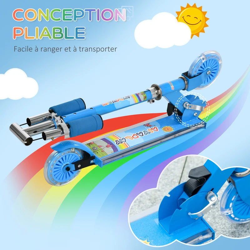 Trottinette enfant pliable 67 x 32 x 78 cm guidon réglable roues lumineuses design moderne jardin balcon en métal bleu 21_0000682
