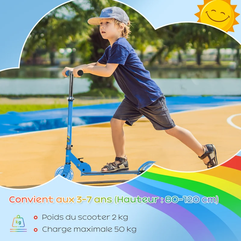 Trottinette enfant pliable 67 x 32 x 78 cm guidon réglable roues lumineuses design moderne jardin balcon en métal bleu 21_0000682