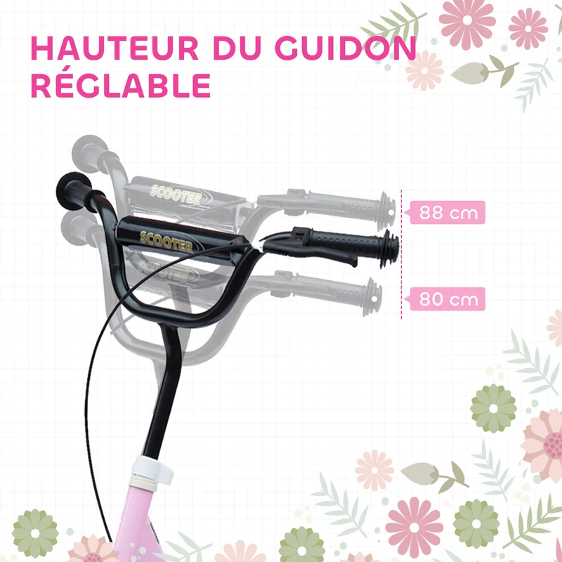 Trottinette enfant 2 roues jardin 120 x 52 x 88 cm guidon réglable plateau antidérapant moderne léger en acier rose 21_0000677