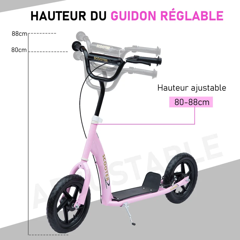 Trottinette enfant 2 roues jardin 120 x 52 x 88 cm guidon réglable plateau antidérapant moderne léger en acier rose 21_0000677