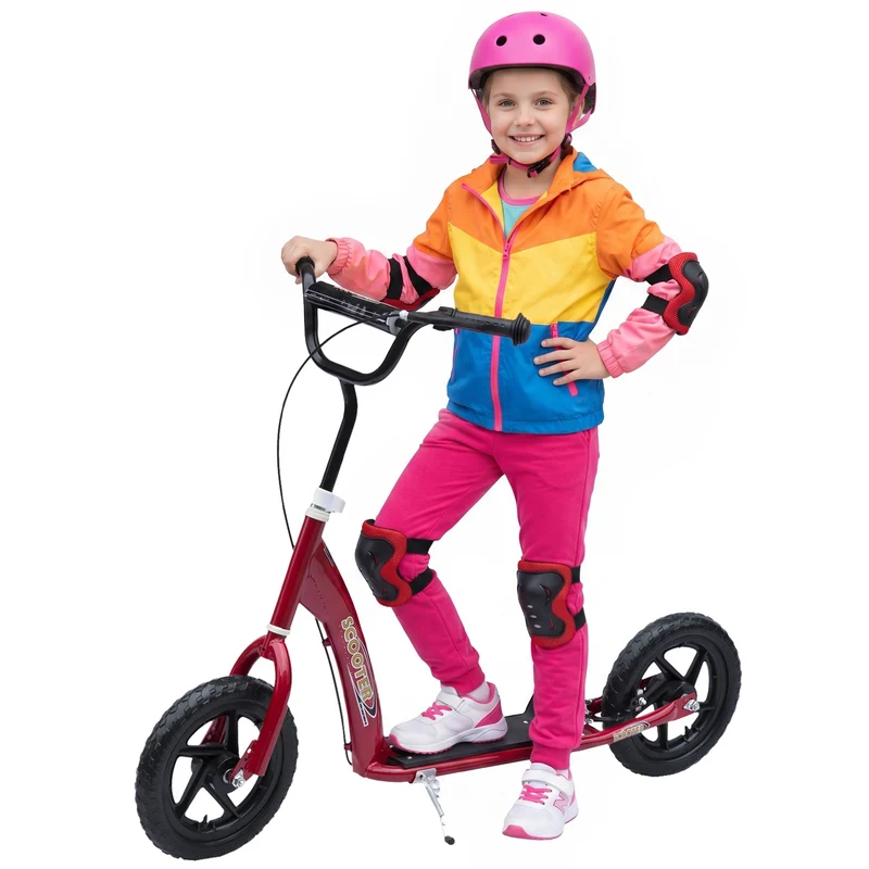 Trottinette enfant 2 roues 120 x 52 x 88 cm guidon réglable roues 30 cm pour 5 à 12 ans moderne épuré en acier rouge 21_0000678