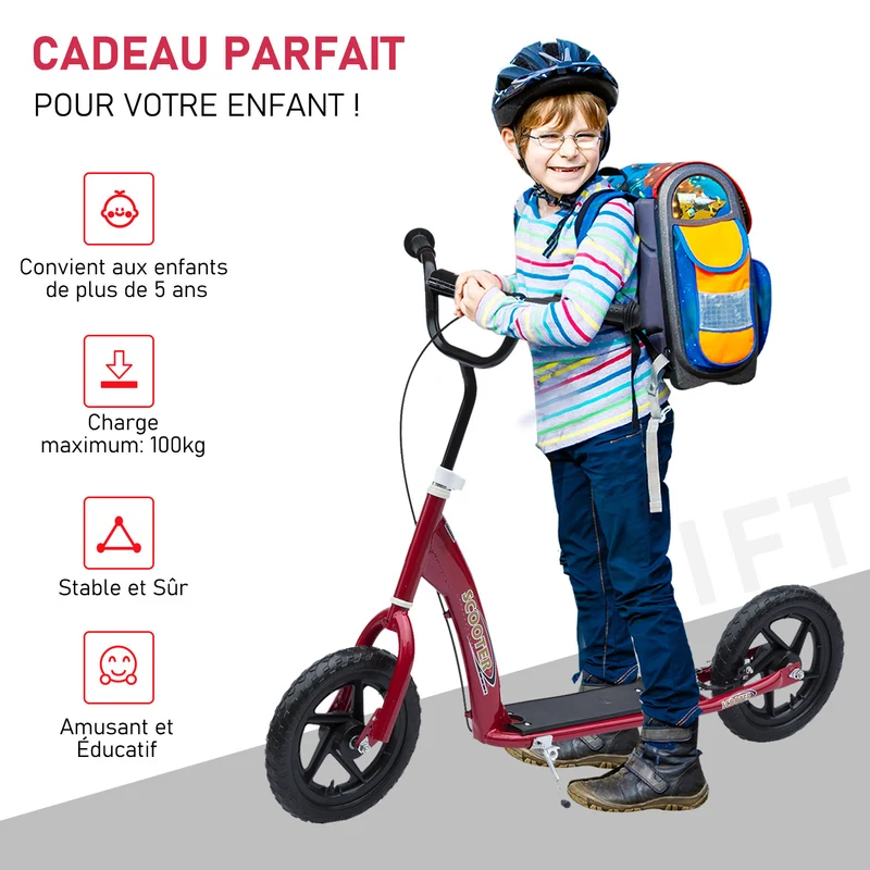 Trottinette enfant 2 roues 120 x 52 x 88 cm guidon réglable roues 30 cm pour 5 à 12 ans moderne épuré en acier rouge 21_0000678