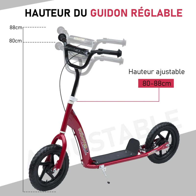 Trottinette enfant 2 roues 120 x 52 x 88 cm guidon réglable roues 30 cm pour 5 à 12 ans moderne épuré en acier rouge 21_0000678