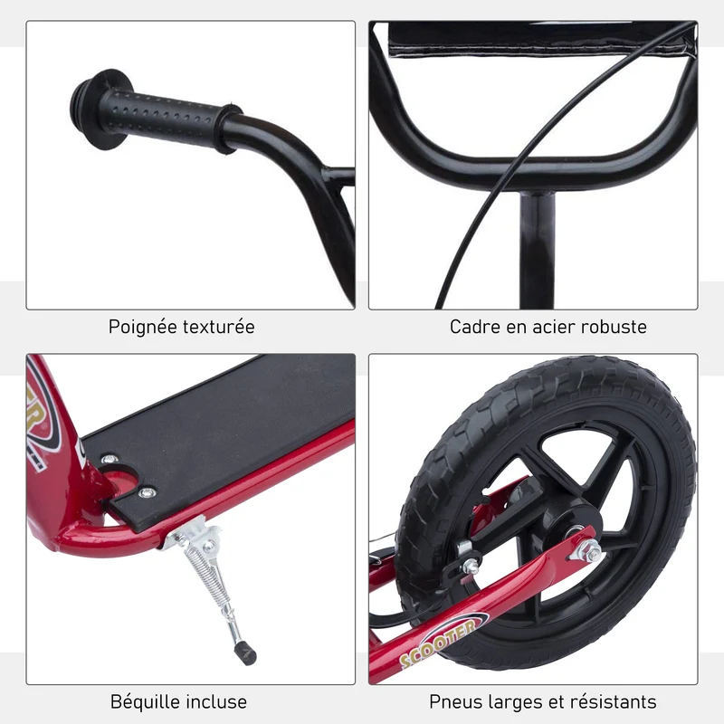 Trottinette enfant 2 roues 120 x 52 x 88 cm guidon réglable roues 30 cm pour 5 à 12 ans moderne épuré en acier rouge 21_0000678
