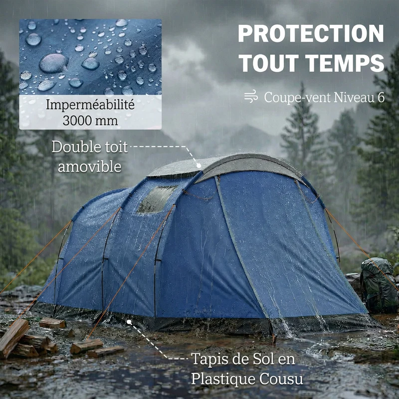 Tente de camping tunnel 460 x 260 x 190 cm imperméable 3000 mm auvent spacieux design moderne en polyester bleu foncé 21_0006570