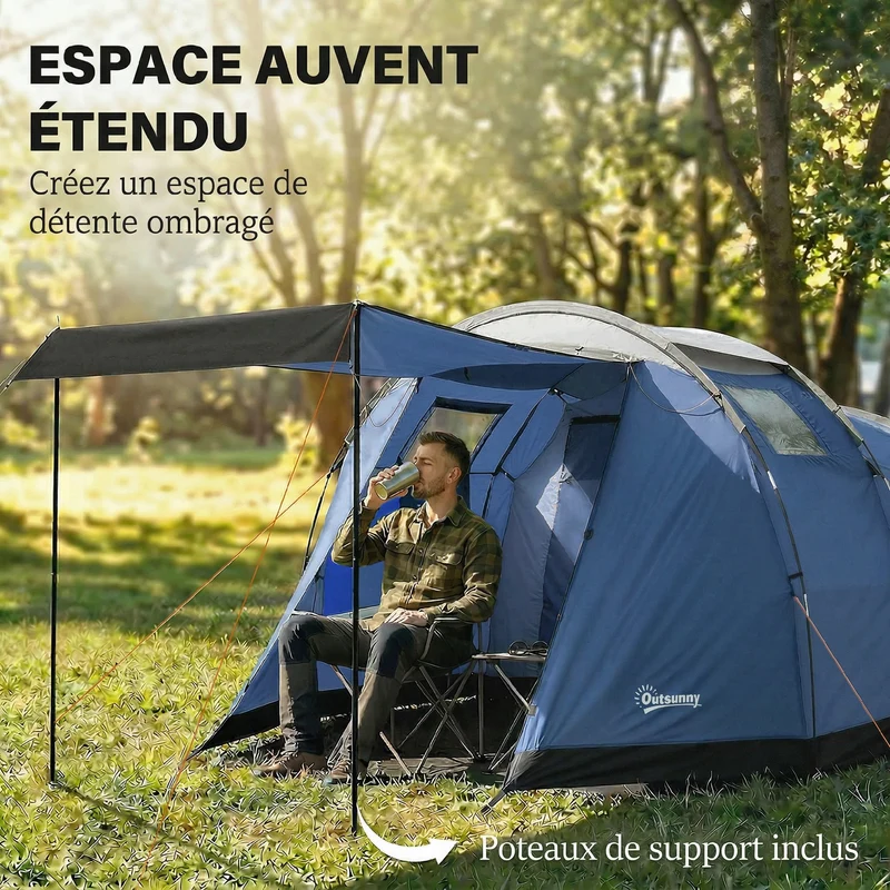 Tente de camping tunnel 460 x 260 x 190 cm imperméable 3000 mm auvent spacieux design moderne en polyester bleu foncé 21_0006570
