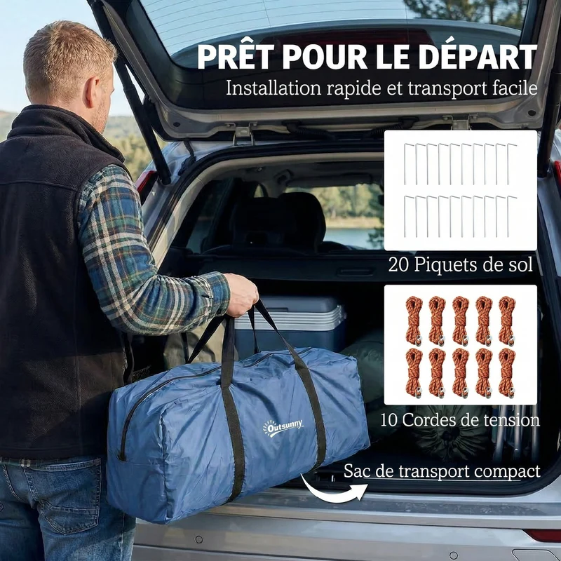Tente de camping tunnel 460 x 260 x 190 cm imperméable 3000 mm auvent spacieux design moderne en polyester bleu foncé 21_0006570