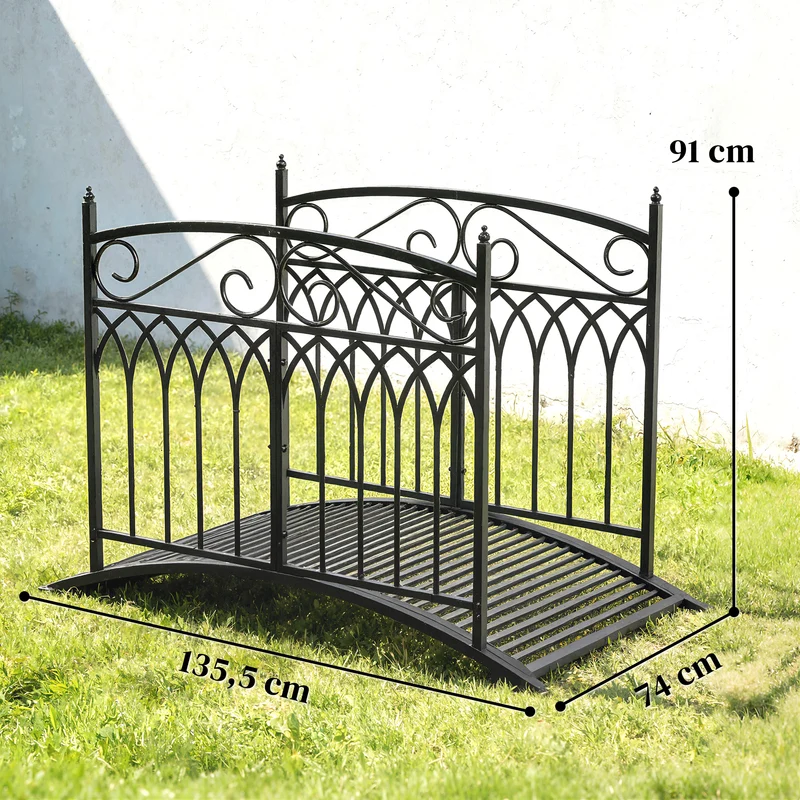 Pont de jardin décoratif 135.5 x 74 x 91 cm garde-corps sécurisé résistant aux intempéries style classique en métal noir 21_0005705