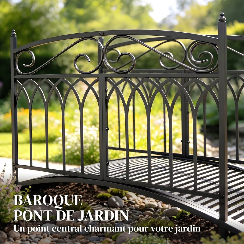 Pont de jardin décoratif 135.5 x 74 x 91 cm garde-corps sécurisé résistant aux intempéries style classique en métal noir 21_0005705