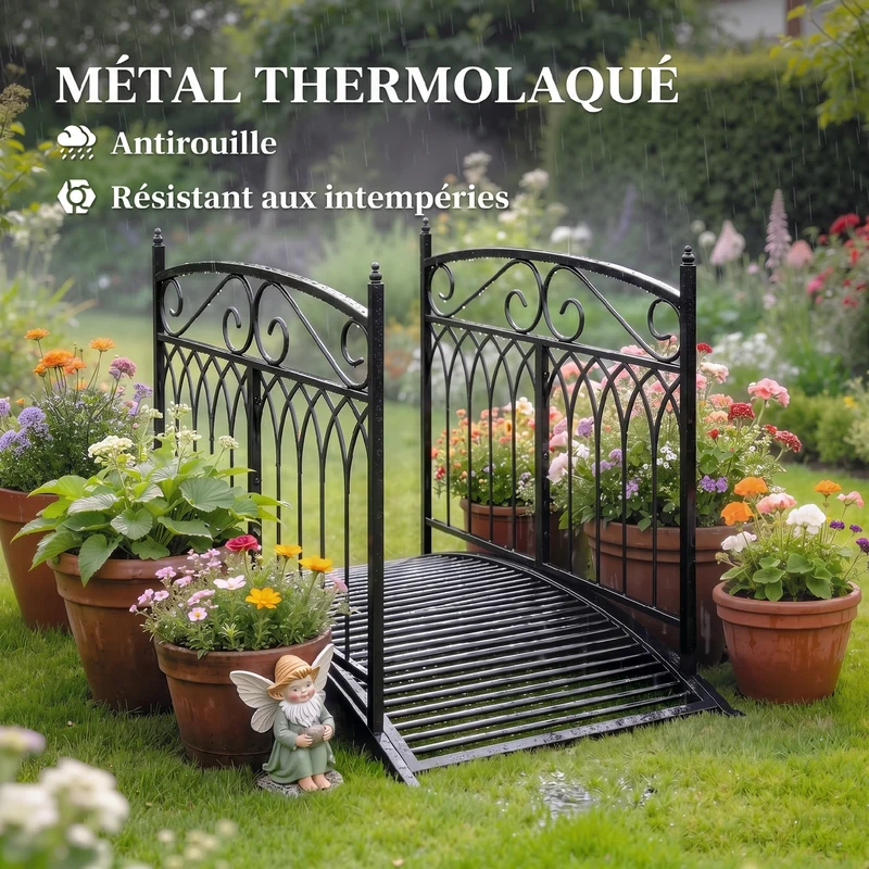 Pont de jardin décoratif 135.5 x 74 x 91 cm garde-corps sécurisé résistant aux intempéries style classique en métal noir 21_0005705