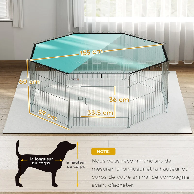 Parc pour chien modulable octogone 150 x 150 x 60 cm pliable porte verrouillable extérieur moderne épuré en métal argent 21_0007401