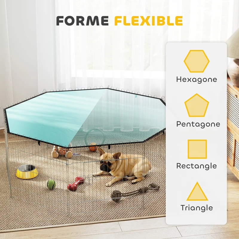 Parc pour chien modulable octogone 150 x 150 x 60 cm pliable porte verrouillable extérieur moderne épuré en métal argent 21_0007401