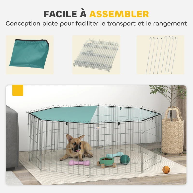 Parc pour chien modulable octogone 150 x 150 x 60 cm pliable porte verrouillable extérieur moderne épuré en métal argent 21_0007401