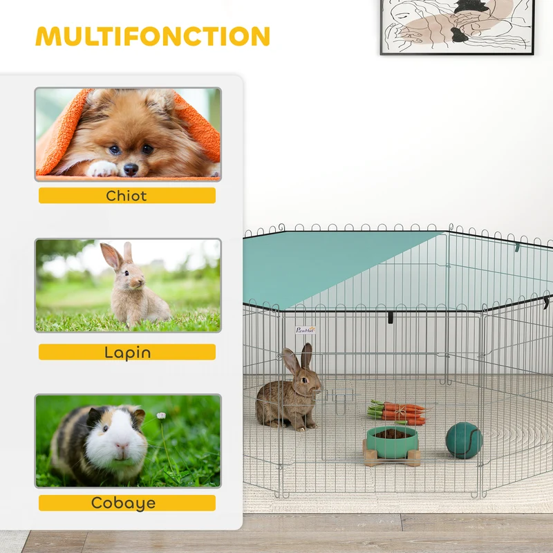 Parc pour chien modulable octogone 150 x 150 x 60 cm pliable porte verrouillable extérieur moderne épuré en métal argent 21_0007401