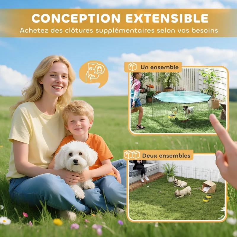 Parc pour chien modulable octogone 150 x 150 x 60 cm pliable porte verrouillable extérieur moderne épuré en métal argent 21_0007401