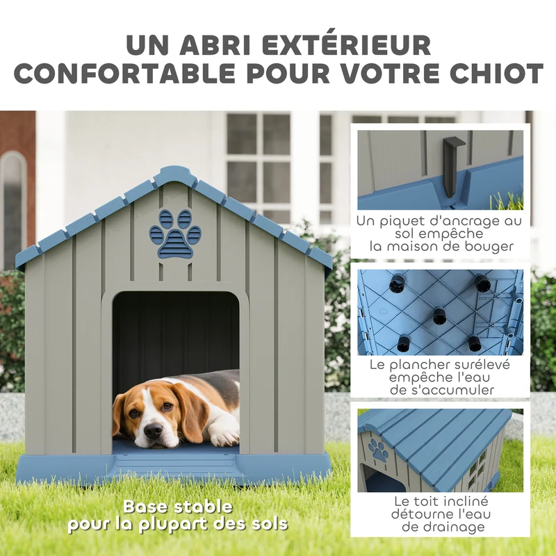 Niche pour chien extérieure jardin terrasse 85 x 79 x 82 cm plancher surélevé aérations rustique design cosy en PP gris 21_0007314