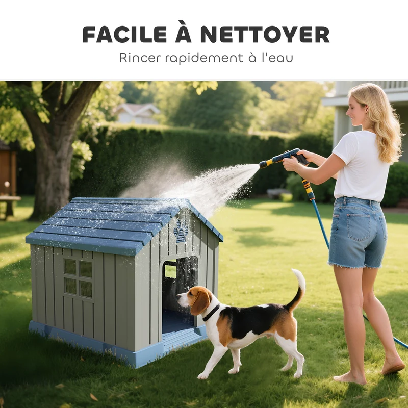 Niche pour chien extérieure jardin terrasse 85 x 79 x 82 cm plancher surélevé aérations rustique design cosy en PP gris 21_0007314