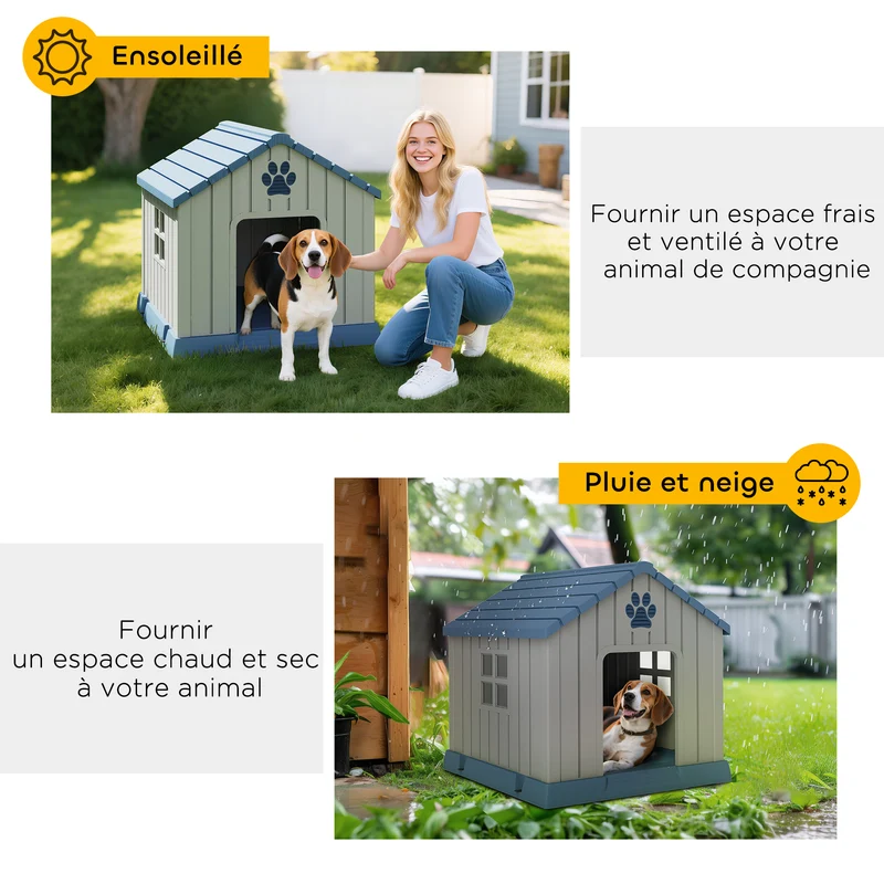 Niche pour chien extérieure jardin terrasse 85 x 79 x 82 cm plancher surélevé aérations rustique design cosy en PP gris 21_0007314