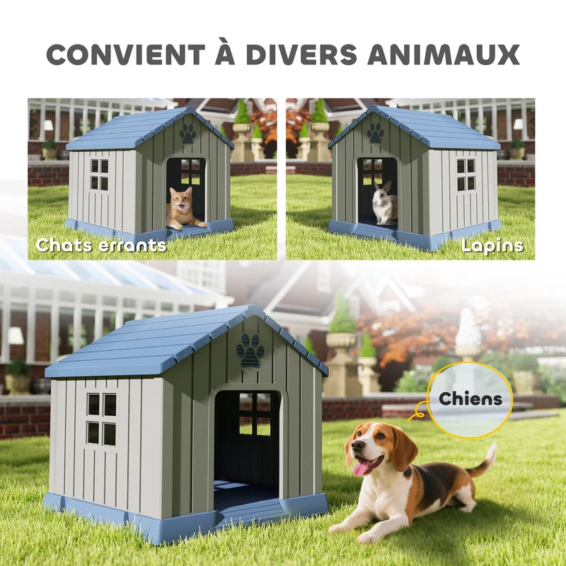 Niche pour chien extérieure jardin terrasse 85 x 79 x 82 cm plancher surélevé aérations rustique design cosy en PP gris 21_0007314