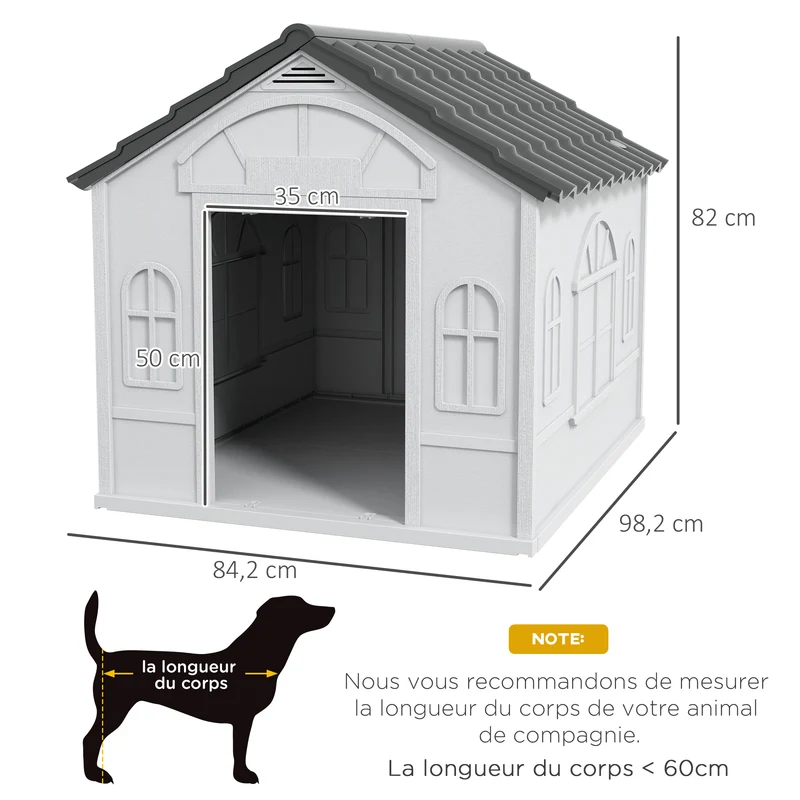 Niche pour chien extérieur à toit en pente 84 x 98 x 82 cm aération optimale montage sans vis style rustique en PP gris 21_0007293