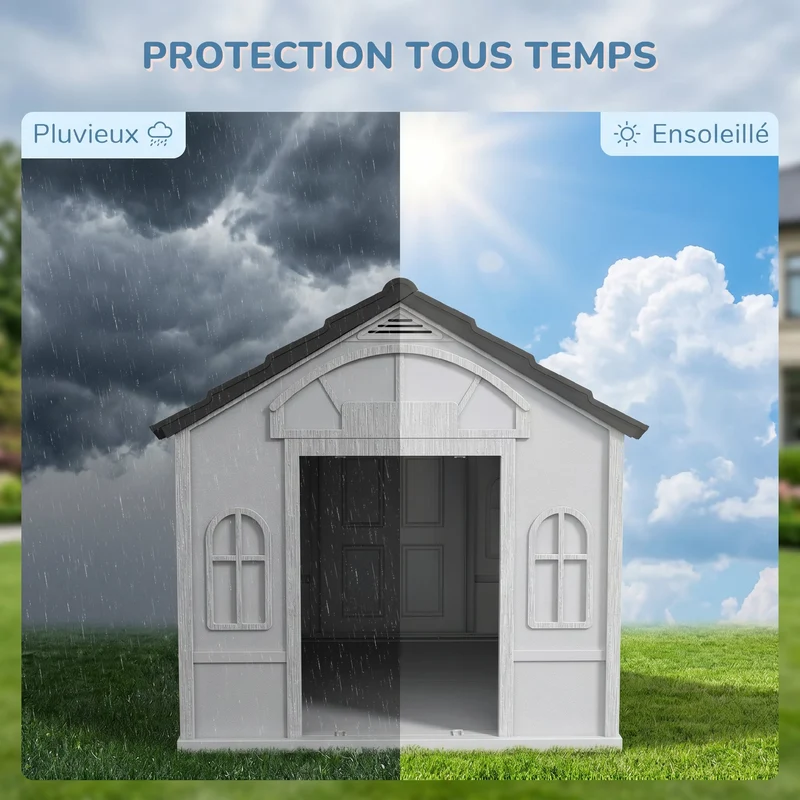 Niche pour chien extérieur à toit en pente 84 x 98 x 82 cm aération optimale montage sans vis style rustique en PP gris 21_0007293