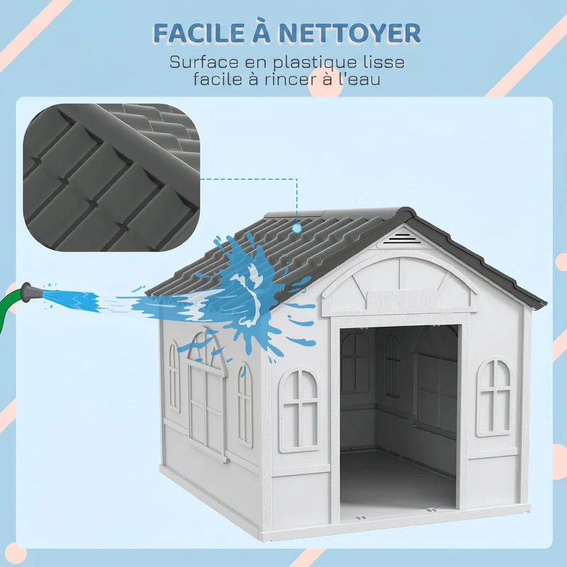 Niche pour chien extérieur à toit en pente 84 x 98 x 82 cm aération optimale montage sans vis style rustique en PP gris 21_0007293