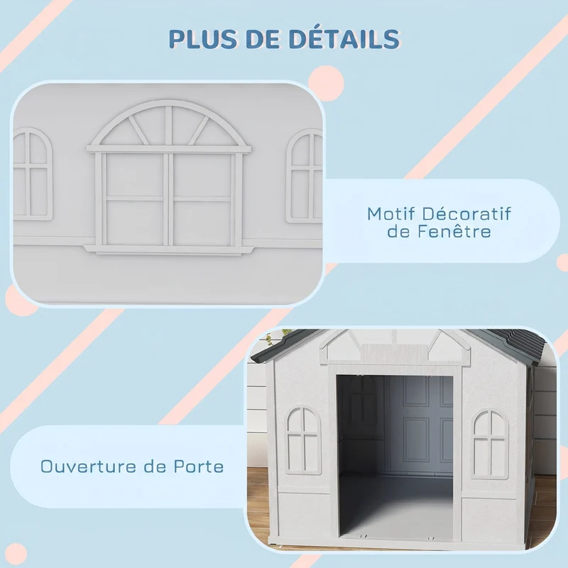 Niche pour chien extérieur à toit en pente 84 x 98 x 82 cm aération optimale montage sans vis style rustique en PP gris 21_0007293