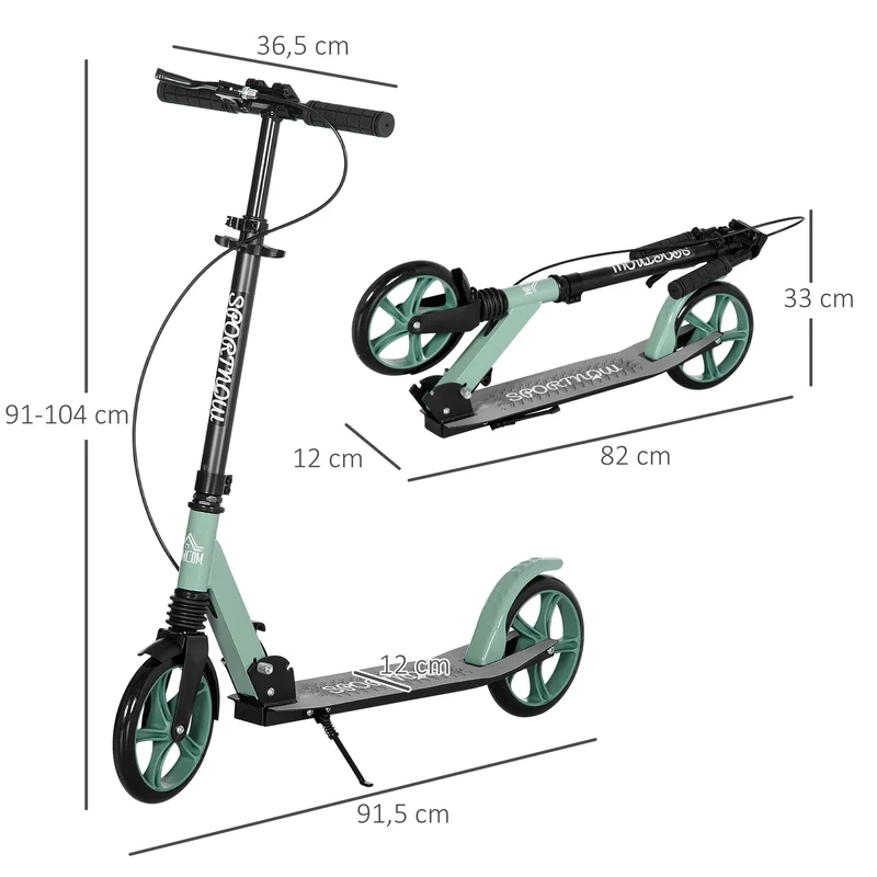Trottinette pliable pour adultes 91 x 36 x 104 cm guidon réglable double frein design contemporain en aluminium vert 21_0006948