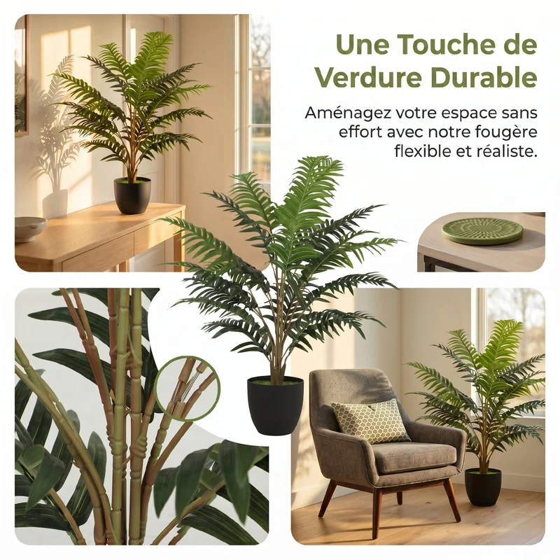 Plante artificielle fougère salon 90 x 17.5 x 16 cm stabilité ciment sans entretien moderne scandinave en plastique vert 21_0003724