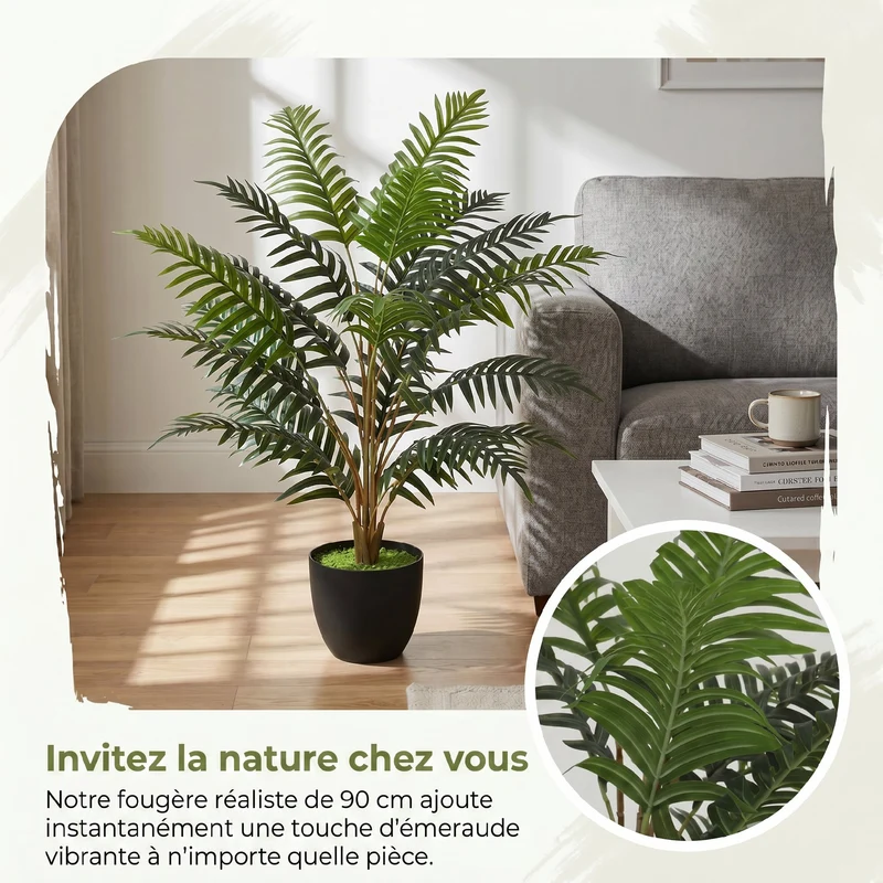 Plante artificielle fougère salon 90 x 17.5 x 16 cm stabilité ciment sans entretien moderne scandinave en plastique vert 21_0003724