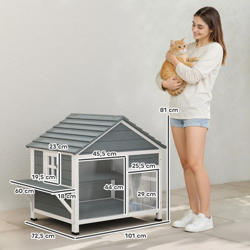 Maison pour chat extérieure à deux niveaux 101 x 72.5 x 81 cm toit ouvrant fenêtre large moderne épuré en bois gris 21_0007762