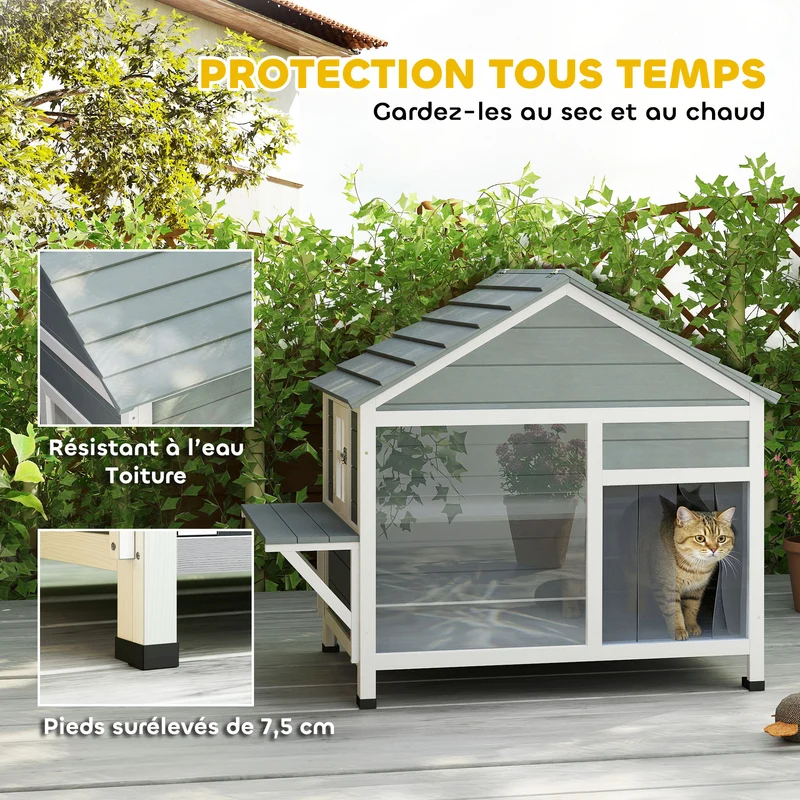 Maison pour chat extérieure à deux niveaux 101 x 72.5 x 81 cm toit ouvrant fenêtre large moderne épuré en bois gris 21_0007762