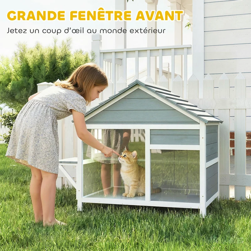 Maison pour chat extérieure à deux niveaux 101 x 72.5 x 81 cm toit ouvrant fenêtre large moderne épuré en bois gris 21_0007762