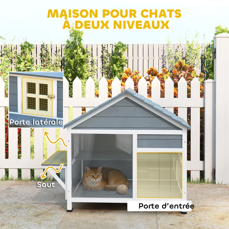 Maison pour chat extérieure à deux niveaux 101 x 72.5 x 81 cm toit ouvrant fenêtre large moderne épuré en bois gris 21_0007762