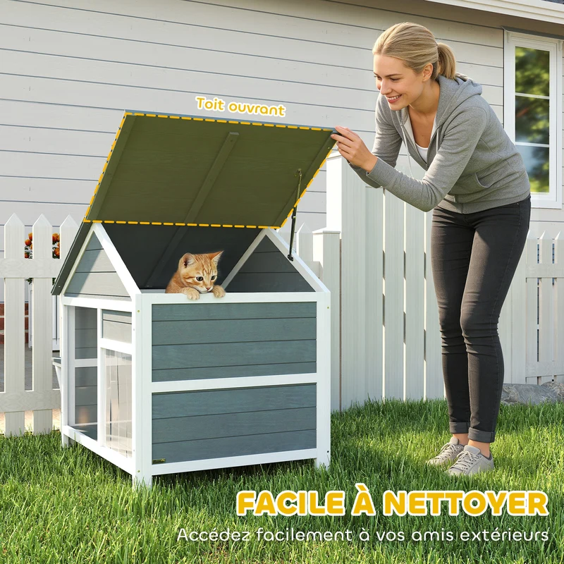 Maison pour chat extérieure à deux niveaux 101 x 72.5 x 81 cm toit ouvrant fenêtre large moderne épuré en bois gris 21_0007762