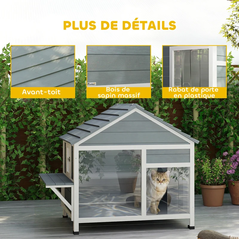 Maison pour chat extérieure à deux niveaux 101 x 72.5 x 81 cm toit ouvrant fenêtre large moderne épuré en bois gris 21_0007762