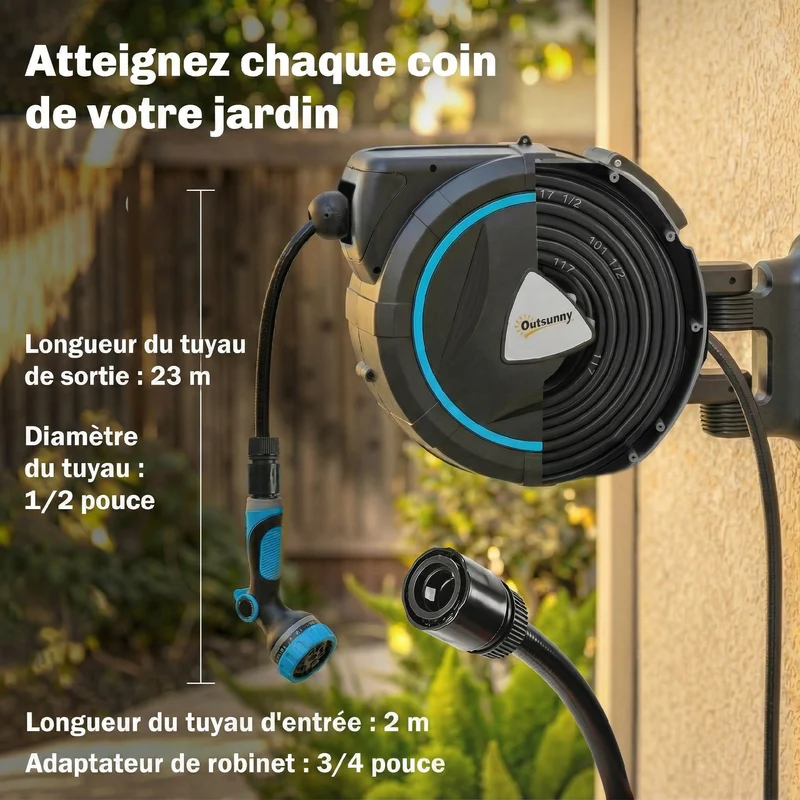 Enrouleur tuyau arrosage mural 55 x 31 x 50 cm auto rétractable poignée portable jardin moderne contemporain en PP bleu 21_0005662