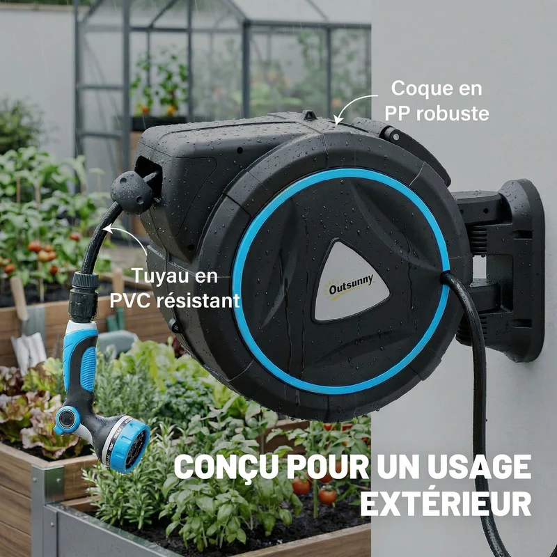 Enrouleur tuyau arrosage mural 55 x 31 x 50 cm auto rétractable poignée portable jardin moderne contemporain en PP bleu 21_0005662